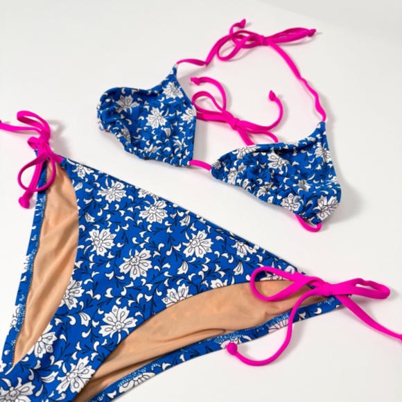 πΊ J.Crew Blue Floral Neon Pink Bikini Swimsuit Size S/M Tie Bottom Retail: $150 - Picture 7 of 16